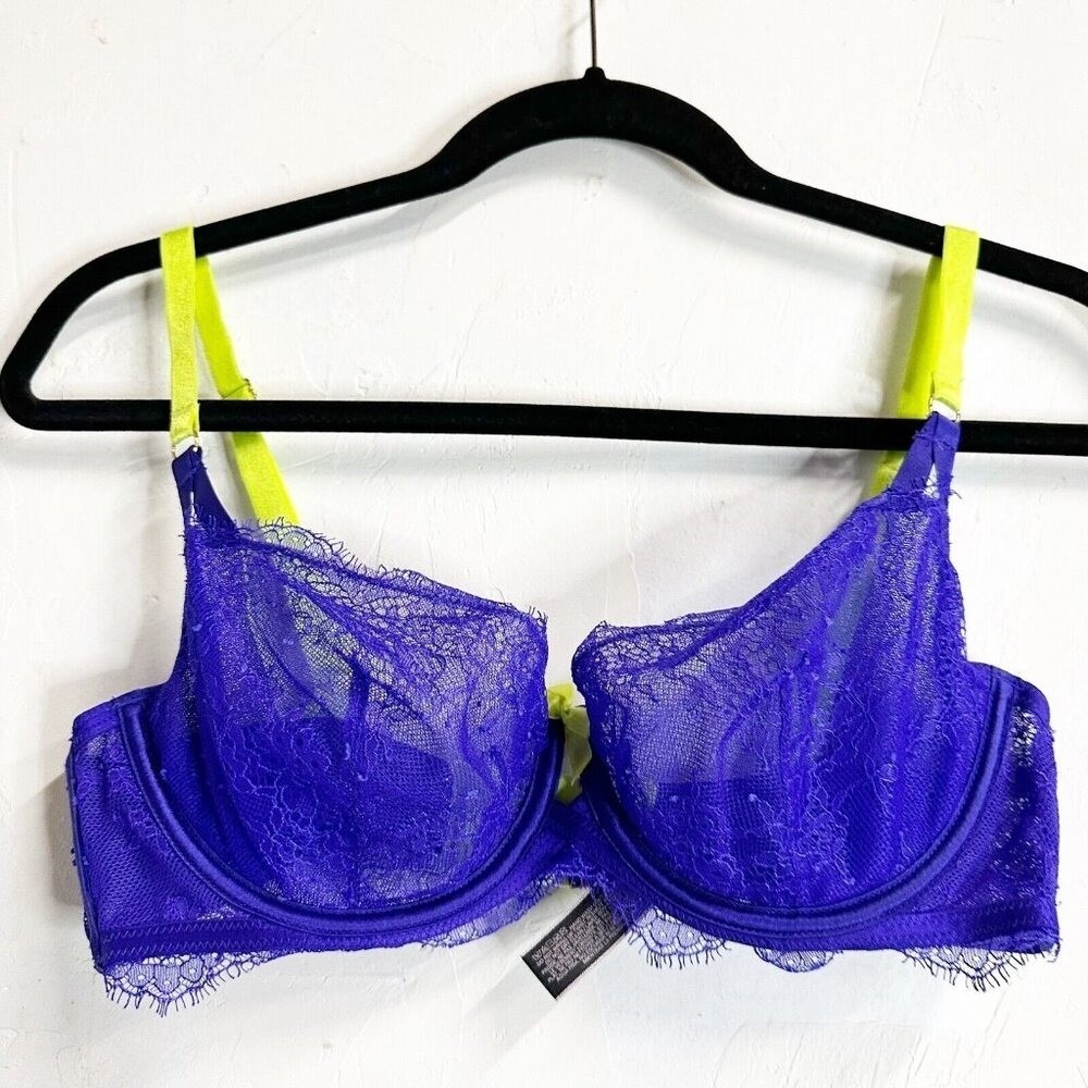 Victoria's Secret Very Sexy Unlined Lace Purple Green Romantic Bra Womens 34D